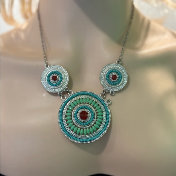 Statement Beaded Mandala Necklace with Turquoise & Red Accents - Picture 1 of 7